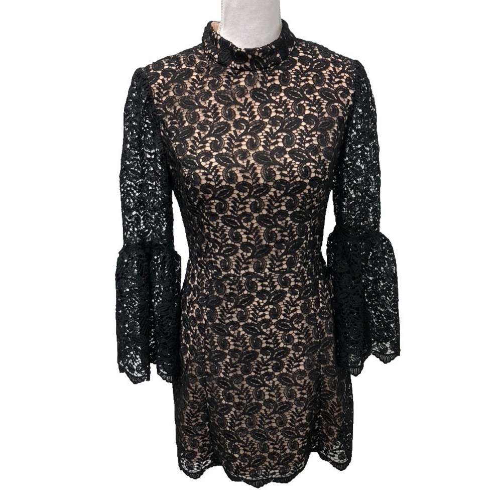 Jill Stuart Sheath Lace Dress Womens 8 Black Bell Sleeve Whimsigoth Party Fairy